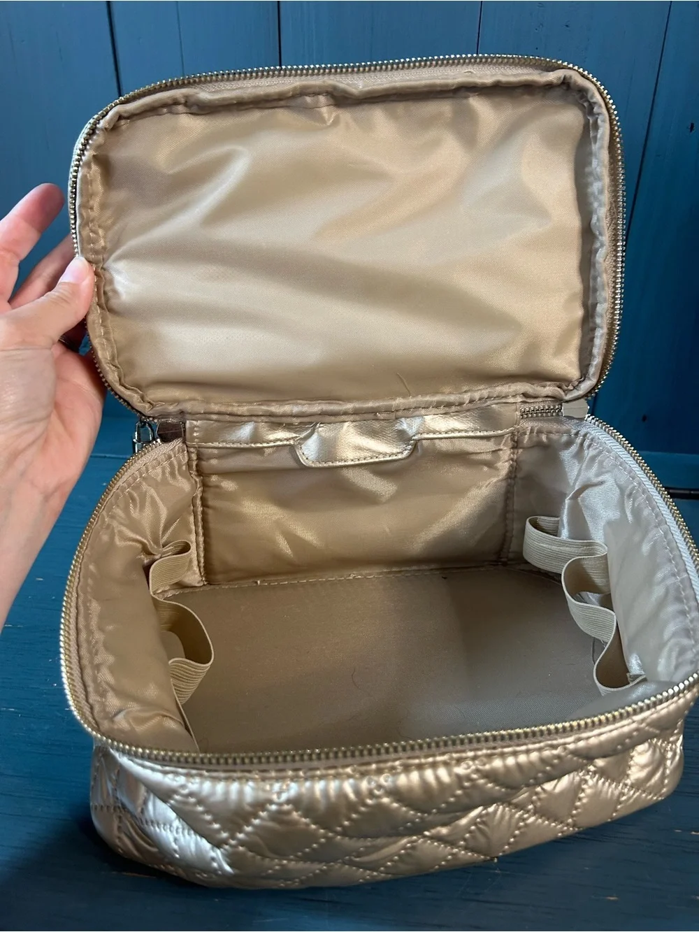 Tartan + Twine Quilted Metallic Cosmetic Train Case - Gold | Double Zipper